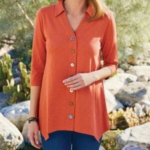 Soft Surroundings Womens Small Orange Danielle Funky Button Sharkbite Tunic Top